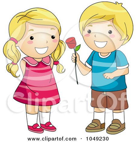 Royalty-Free (RF) Clip Art Illustration of a Valentine Cartoon Boy Giving A Girl A Rose by BNP Design Studio