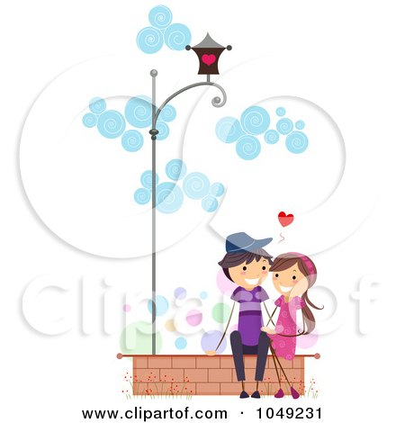 Royalty-Free (RF) Clip Art Illustration of a Valentine Stick Couple Sitting On A Wall by BNP Design Studio