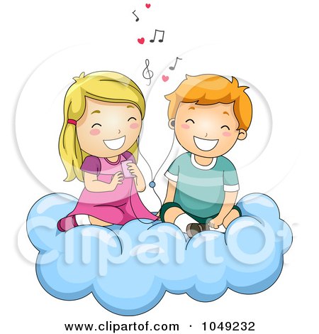 Royalty-Free (RF) Clip Art Illustration of a Valentine Cartoon Couple Listening To Love Songs On A Cloud by BNP Design Studio
