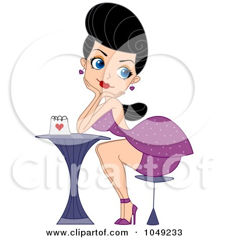 Royalty-Free (RF) Clip Art Illustration of a Valentine Pinup Woman Sitting Alone At A Table by BNP Design Studio