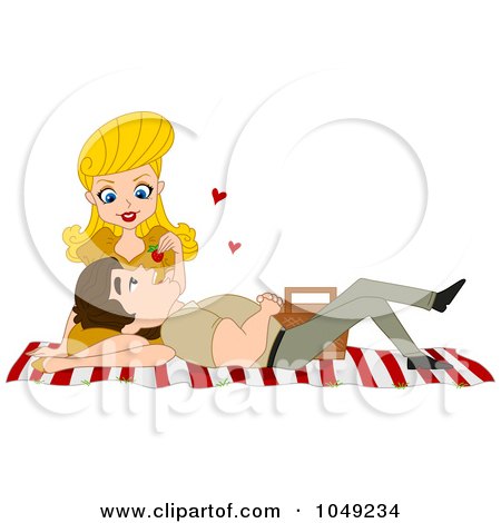 Royalty-Free (RF) Clip Art Illustration of an Adult Picnic Valentine Woman Feeding Her Boyfriend A Strawberry by BNP Design Studio