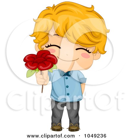 Royalty-Free (RF) Clip Art Illustration of a Valentine Boy Giving A Red Flower by BNP Design Studio