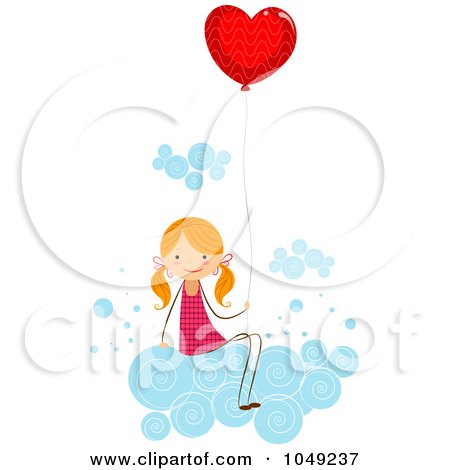 Royalty-Free (RF) Clip Art Illustration of a Valentine Stick Girl Sitting With A Heart Balloon On A Cloud by BNP Design Studio
