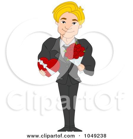 Royalty-Free (RF) Clip Art Illustration of a Handsome Valentine Man Holding A Chocolate Box And Bouquet by BNP Design Studio
