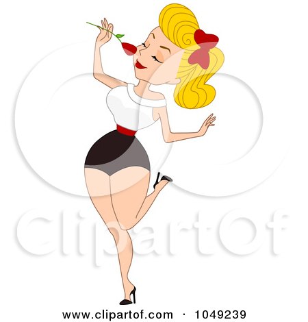 Royalty-Free (RF) Clip Art Illustration of a Valentine Pinup Woman Smelling A Rose by BNP Design Studio
