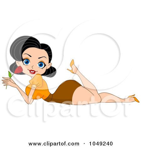 Royalty-Free (RF) Clip Art Illustration of a Valentine Pinup Woman Holding A Rose by BNP Design Studio