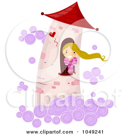 Royalty-Free (RF) Clip Art Illustration of a Girl Stuck In A Tower High In The Clouds, Waiting For Rescue by BNP Design Studio