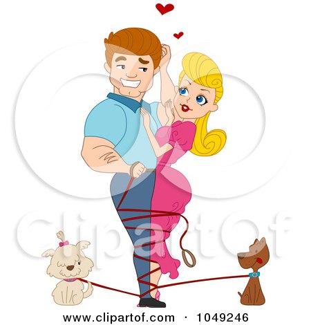 Royalty-Free (RF) Clip Art Illustration of an Adult Valentine Couple Entangled By Their Dog's Leashes by BNP Design Studio