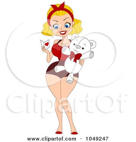 Royalty-Free (RF) Clip Art Illustration of a Valentine Pinup Woman Holding A Card And Teddy Bear by BNP Design Studio