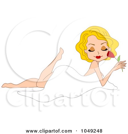 Royalty-Free (RF) Clip Art Illustration of a Valentine Pinup Woman Draped In A Sheet And Smelling A Rose by BNP Design Studio