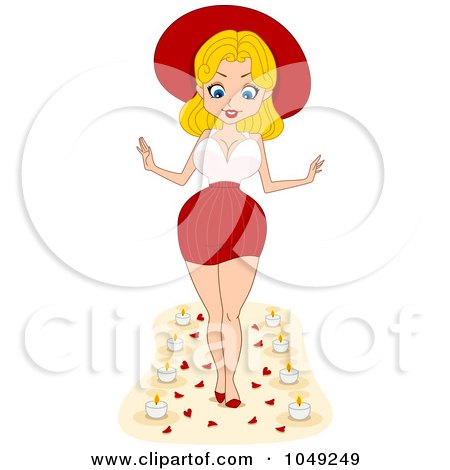 Royalty-Free (RF) Clip Art Illustration of a Valentine Pinup Woman Walking Down An Aisle Of Candles And Rose Petals by BNP Design Studio