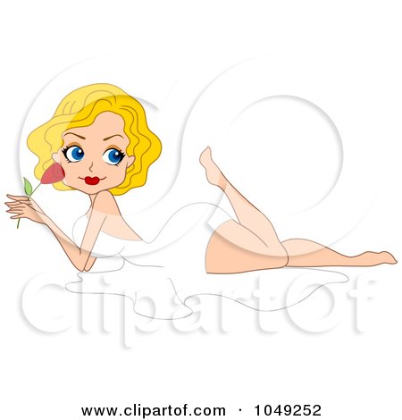 Royalty-Free (RF) Clip Art Illustration of a Valentine Pinup Woman In A White Dress, Holding A Rose by BNP Design Studio