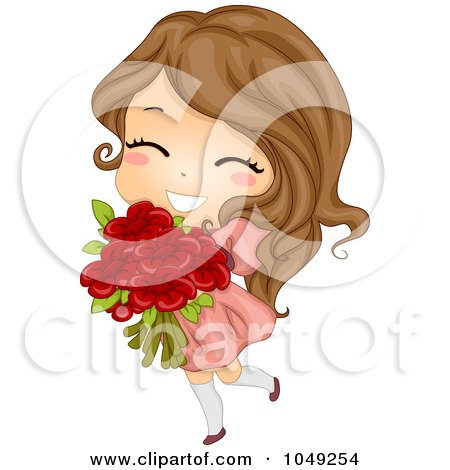 Royalty-Free (RF) Clip Art Illustration of a Valentine Girl Carrying A Bouquet Of Flowers by BNP Design Studio
