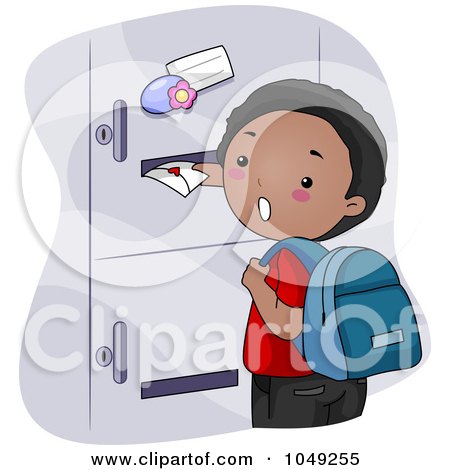 Royalty-Free (RF) Clip Art Illustration of a Black School Boy Sticking A Valentine In A Girl's Locker by BNP Design Studio
