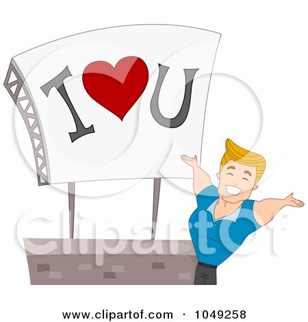 Royalty-Free (RF) Clip Art Illustration of a Handsome Valentine Man Presenting An I Love You Billboard by BNP Design Studio