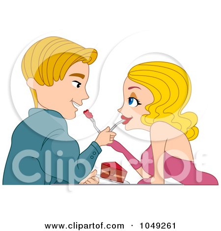 Royalty-Free (RF) Clip Art Illustration of an Adult Valentine Couple Feeding Each Other Cake by BNP Design Studio