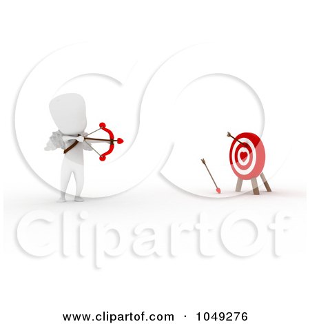 Royalty-Free (RF) Clip Art Illustration of a 3d Ivory White Man Cupid Shooting At A Target by BNP Design Studio