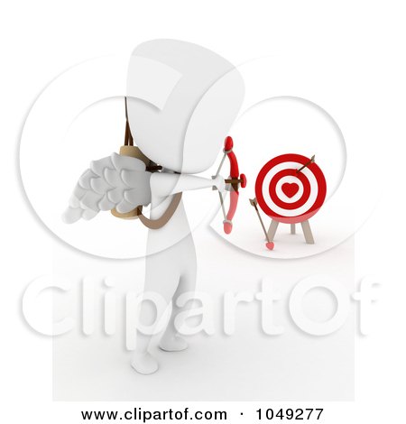Royalty-Free (RF) Clip Art Illustration of a 3d Ivory White Man Cupid Aiming At A Target by BNP Design Studio
