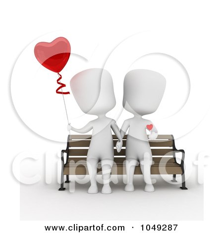 Royalty-Free (RF) Clip Art Illustration of a 3d Ivory White Couple Sitting And Holding Hands, With A Heart Balloon by BNP Design Studio