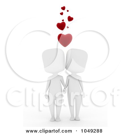Royalty-Free (RF) Clip Art Illustration of a 3d Ivory White Couple Holding Hands Under Hearts by BNP Design Studio