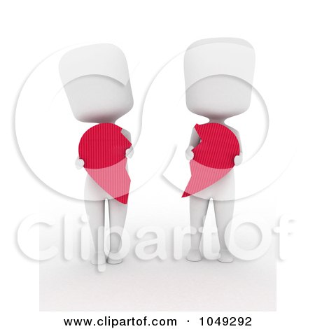 Royalty-Free (RF) Clip Art Illustration of a 3d Ivory White Couple Holding Broken Heart Pieces by BNP Design Studio