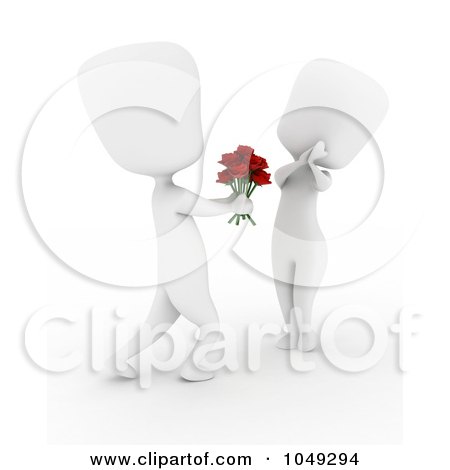 Royalty-Free (RF) Clip Art Illustration of a 3d Ivory White Man Giving A Woman Roses by BNP Design Studio