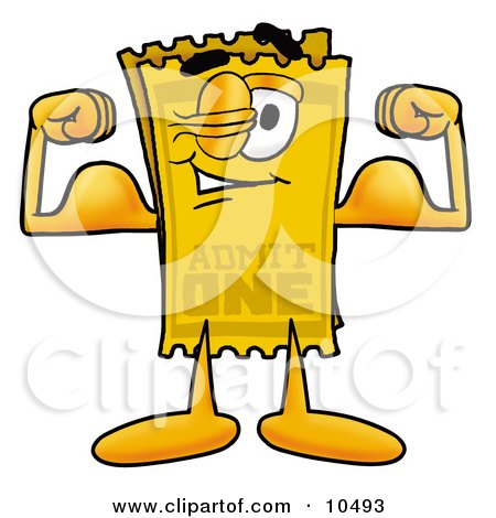 Clipart Picture of a Yellow Admission Ticket Mascot Cartoon Character Flexing His Arm Muscles by Mascot Junction