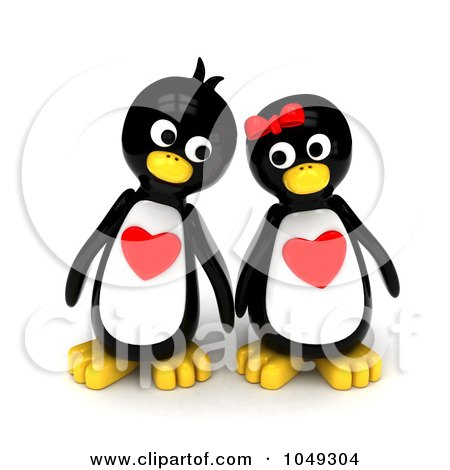Royalty-Free (RF) Clip Art Illustration of a 3d Penguin Pair With Hearts On Their Chests by BNP Design Studio