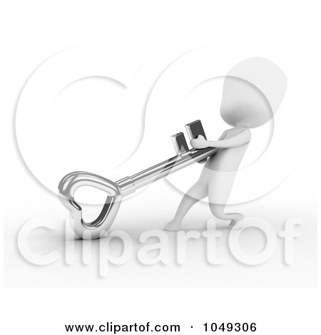 Royalty-Free (RF) Clip Art Illustration of a 3d Ivory White Person Dragging A Heart Skeleton Key by BNP Design Studio