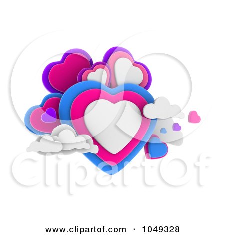Royalty-Free (RF) Clip Art Illustration of 3d Blue, Pink, White And Purple Hearts In Clouds by BNP Design Studio