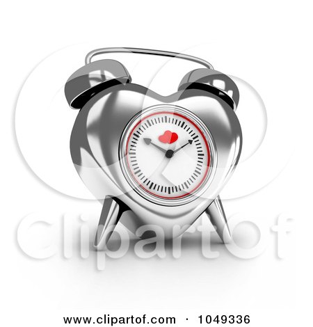Royalty-Free (RF) Clip Art Illustration of a 3d Silver Valentine Heart Alarm Clock by BNP Design Studio