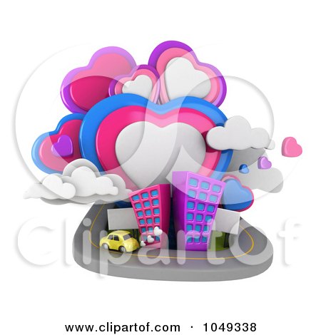 Royalty-Free (RF) Clip Art Illustration of a 3d Taxi Driving Around A City Under Heart Clouds by BNP Design Studio