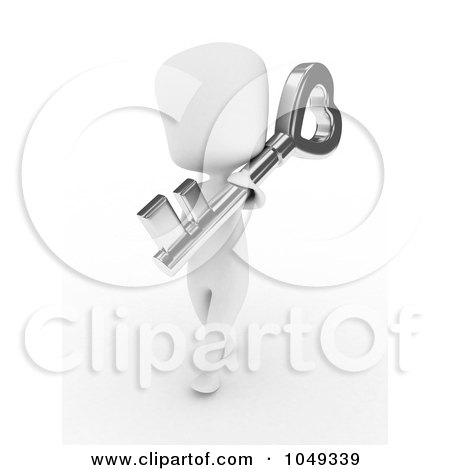 Royalty-Free (RF) Clip Art Illustration of a 3d Ivory White Person Carrying A Heart Skeleton Key by BNP Design Studio