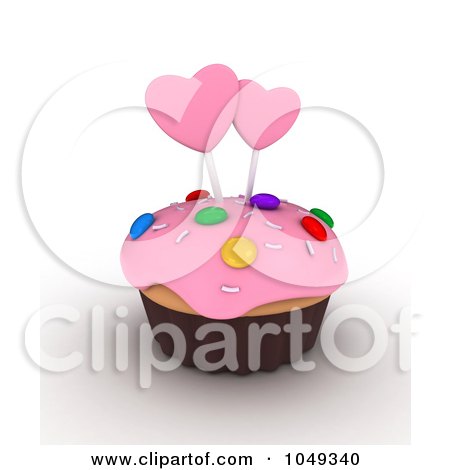 Royalty-Free (RF) Clip Art Illustration of a 3d Valentine Cupcake With Pink Frosting And Hearts by BNP Design Studio
