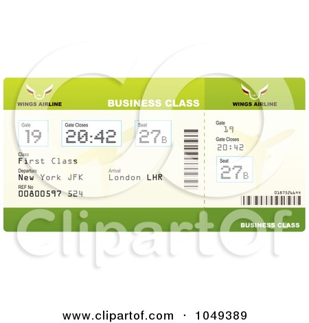 Royalty-Free (RF) Clip Art Illustration of a Green Business Class Airplane Ticket by michaeltravers