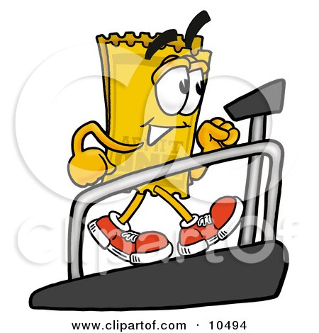 Clipart Picture of a Yellow Admission Ticket Mascot Cartoon Character Walking on a Treadmill in a Fitness Gym by Mascot Junction