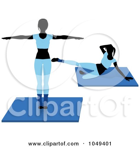 Royalty-Free (RF) Clip Art Illustration of a Digital Collage Of Fitness Women Wearing Blue And Doing Aerobics Poses On Mats by elaineitalia