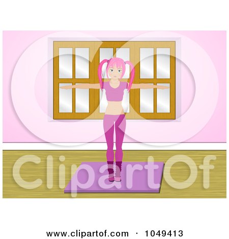 Royalty-Free (RF) Clip Art Illustration of an Aerobics Fitness Instructor In Pink, Working Out On A Mat In A Gym by elaineitalia