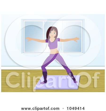 Royalty-Free (RF) Clip Art Illustration of an Aerobics Fitness Instructor In Purple, Working Out On A Mat In A Gym by elaineitalia