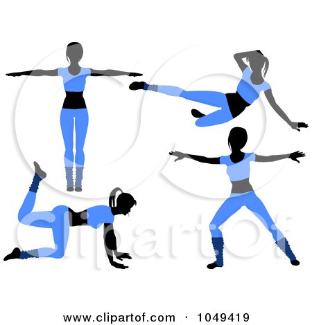Royalty-Free (RF) Clip Art Illustration of a Digital Collage Of Fitness Women Wearing Blue And Doing Aerobics Poses by elaineitalia
