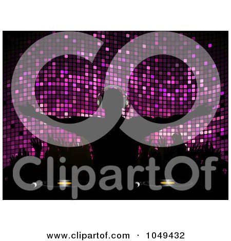 Royalty-Free (RF) Clip Art Illustration of a Silhouetted Dj And Hands Against Purple Mosaic by elaineitalia