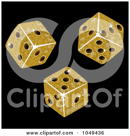 Royalty-Free (RF) Clip Art Illustration of Three 3d Gold Mosaic Dice Rolling On Black by elaineitalia