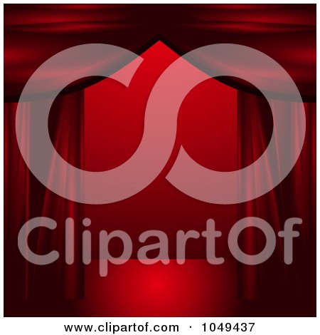 Royalty-Free (RF) Clip Art Illustration of Red Theater Curtains Framing A Stage With Red Lighting by elaineitalia
