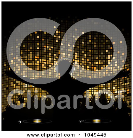 Royalty-Free (RF) Clip Art Illustration of a Silhouetted Dj And Hands Against Gold Mosaic by elaineitalia