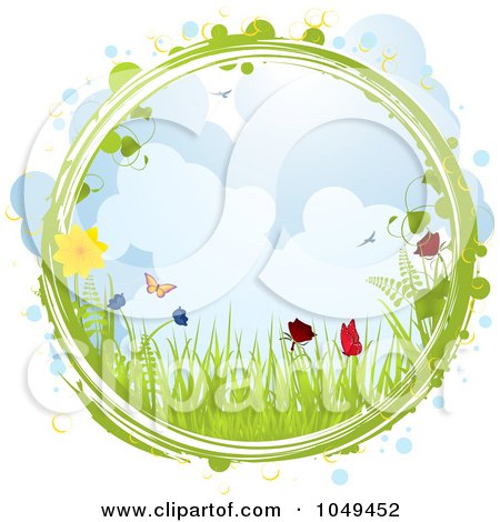 Royalty-Free (RF) Clip Art Illustration of a Green Cirlce Framing A Spring Scene Of Grasses, Flowers And Butterflies by elaineitalia