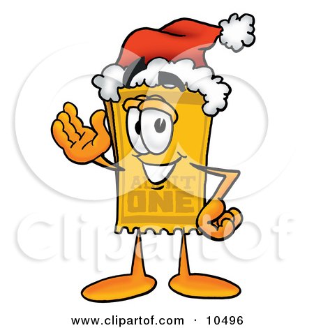 Clipart Picture of a Yellow Admission Ticket Mascot Cartoon Character Wearing a Santa Hat and Waving by Mascot Junction