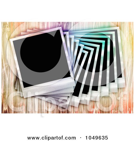 Royalty-Free (RF) Clip Art Illustration of a Pile Of Instant Film Photos On A Wooden Table With A Rainbow Grunge Effect by Arena Creative