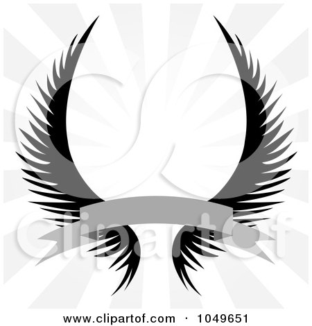 Royalty-Free (RF) Clip Art Illustration of Gothic Angel Wings With A Banner Over A Silver Rays by Arena Creative