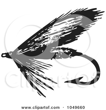 Royalty-Free (RF) Clip Art Illustration of a Black And White Retro Fly Fishing Hook - 4 by BestVector