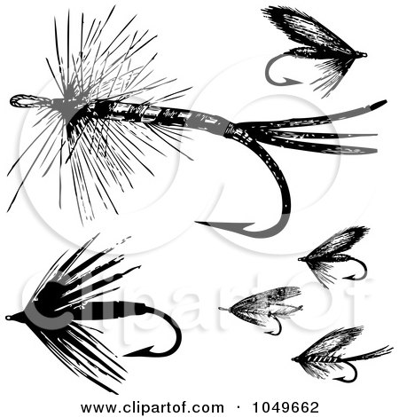Royalty-Free (RF) Clip Art Illustration of a Digital Collage Of Black And White Retro Fly Fishing Hooks - 2 by BestVector
